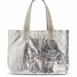 Tory Burch Metallic Silver Tote with Beige Branded Straps- Parfum Bag